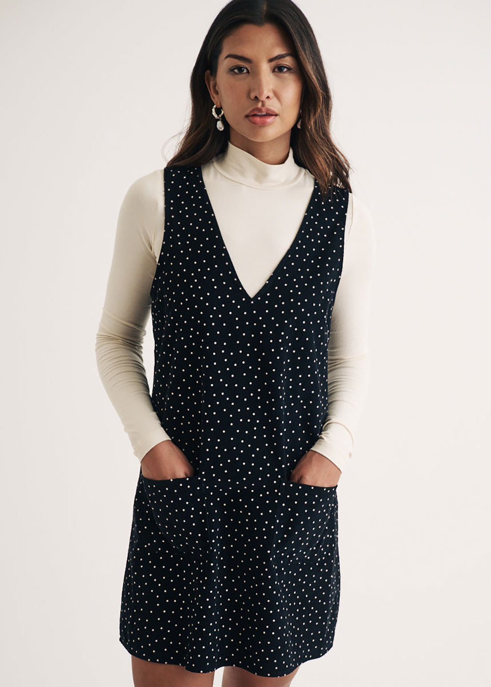 Black Polka Dot Cord Piper Mini Pinafore Dress Domino Style