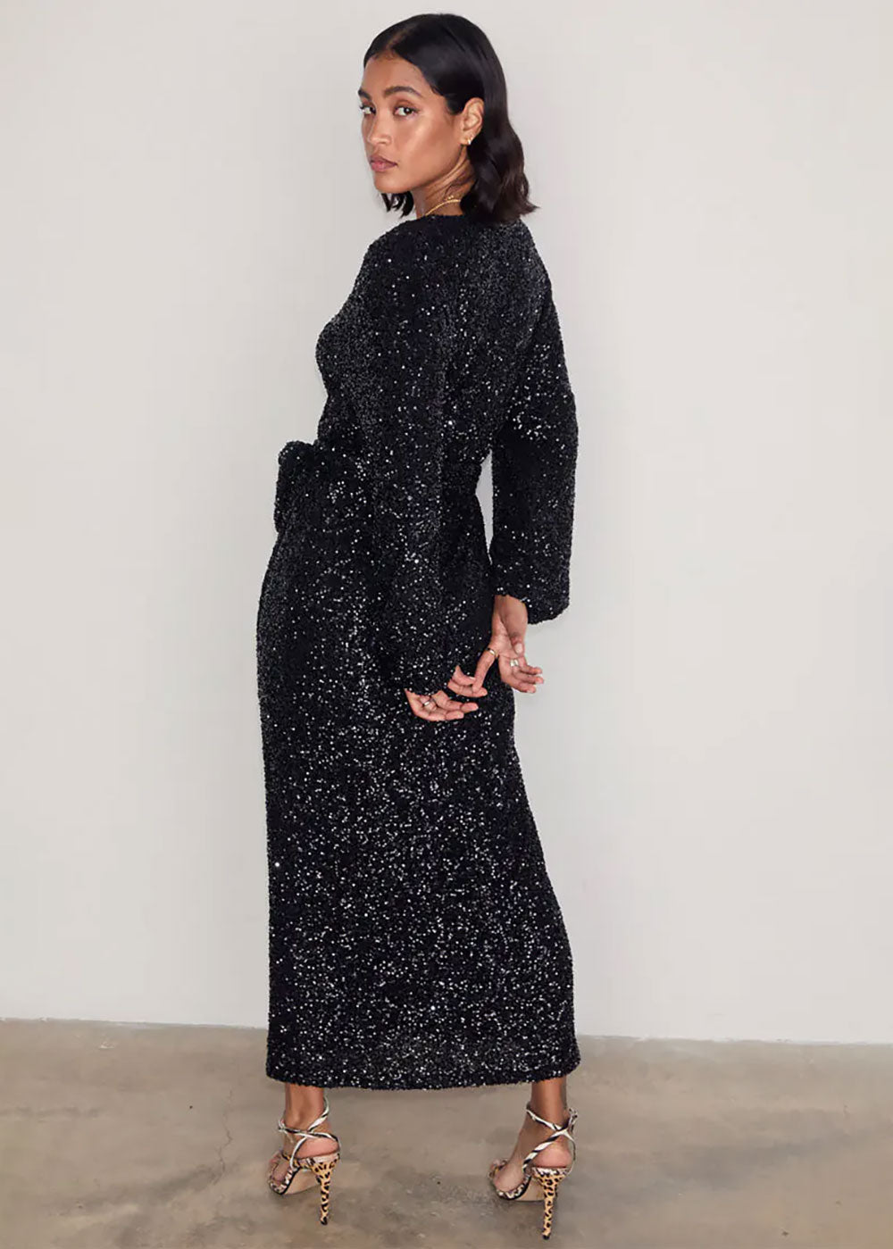 Black Sequin Kira Wrap Dress - Domino Style