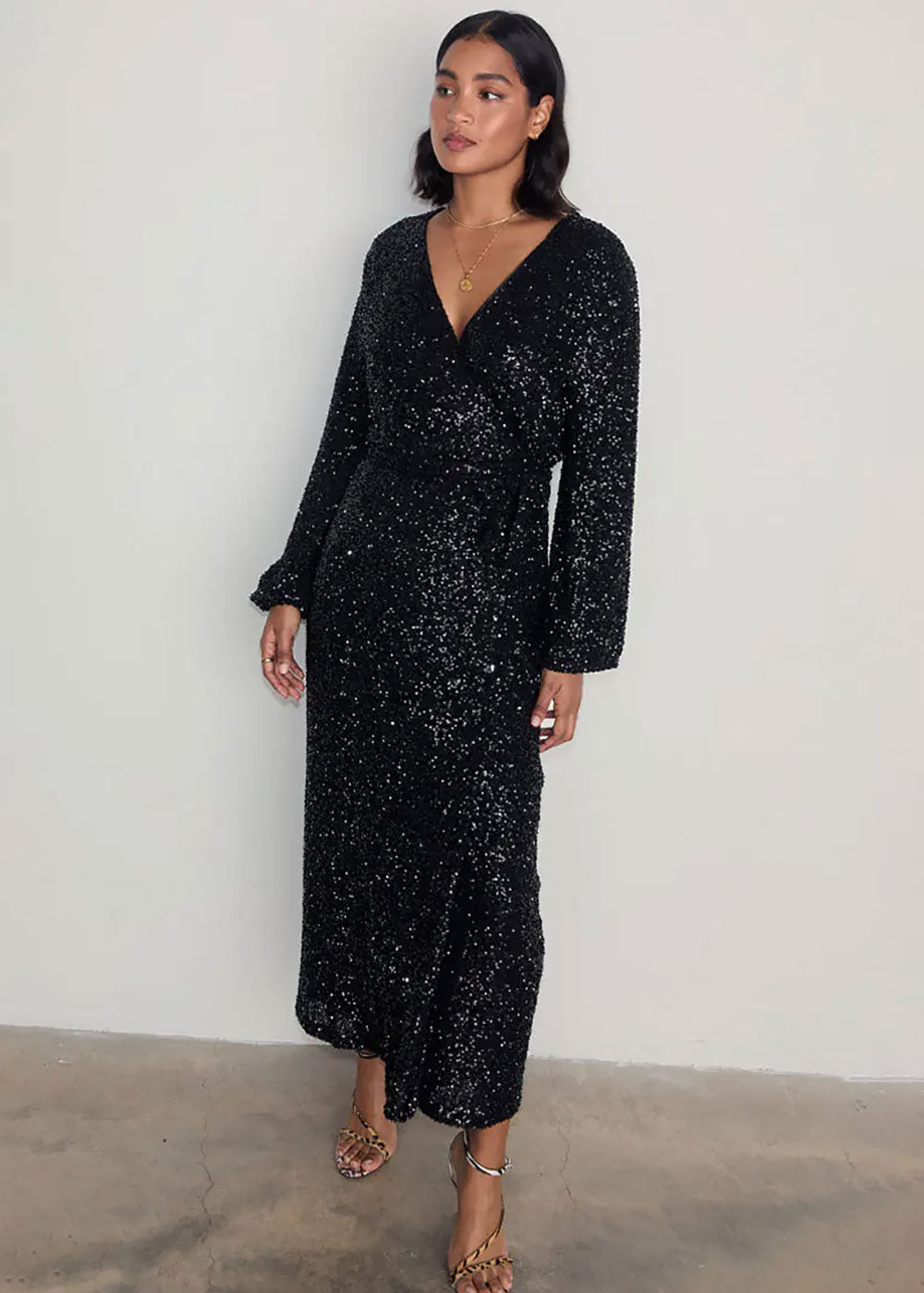 Black Sequin Kira Wrap Dress - Domino Style