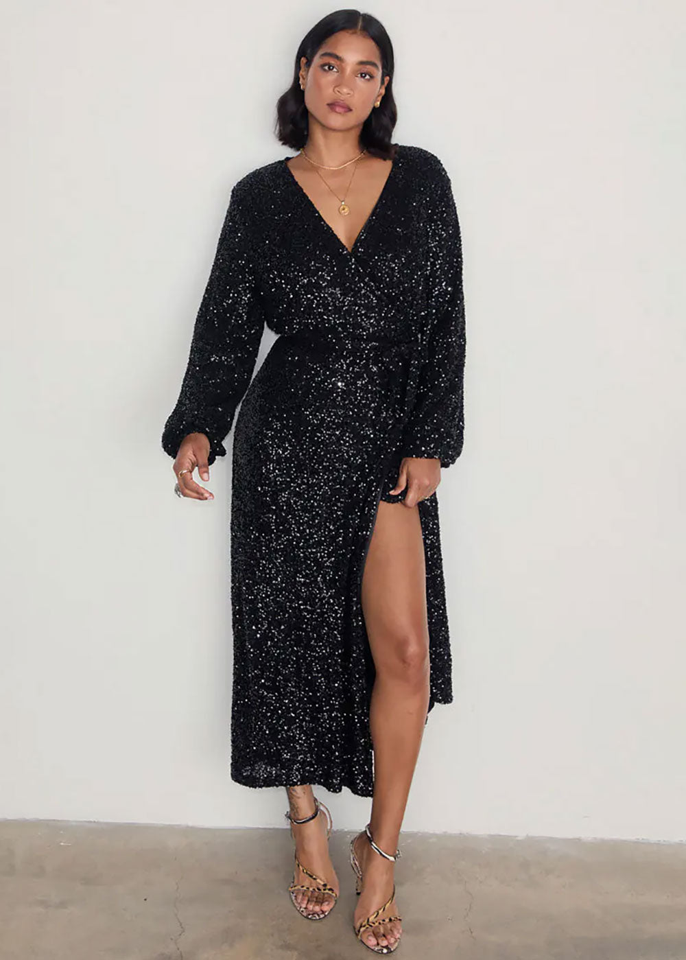 Black Sequin Kira Wrap Dress - Domino Style