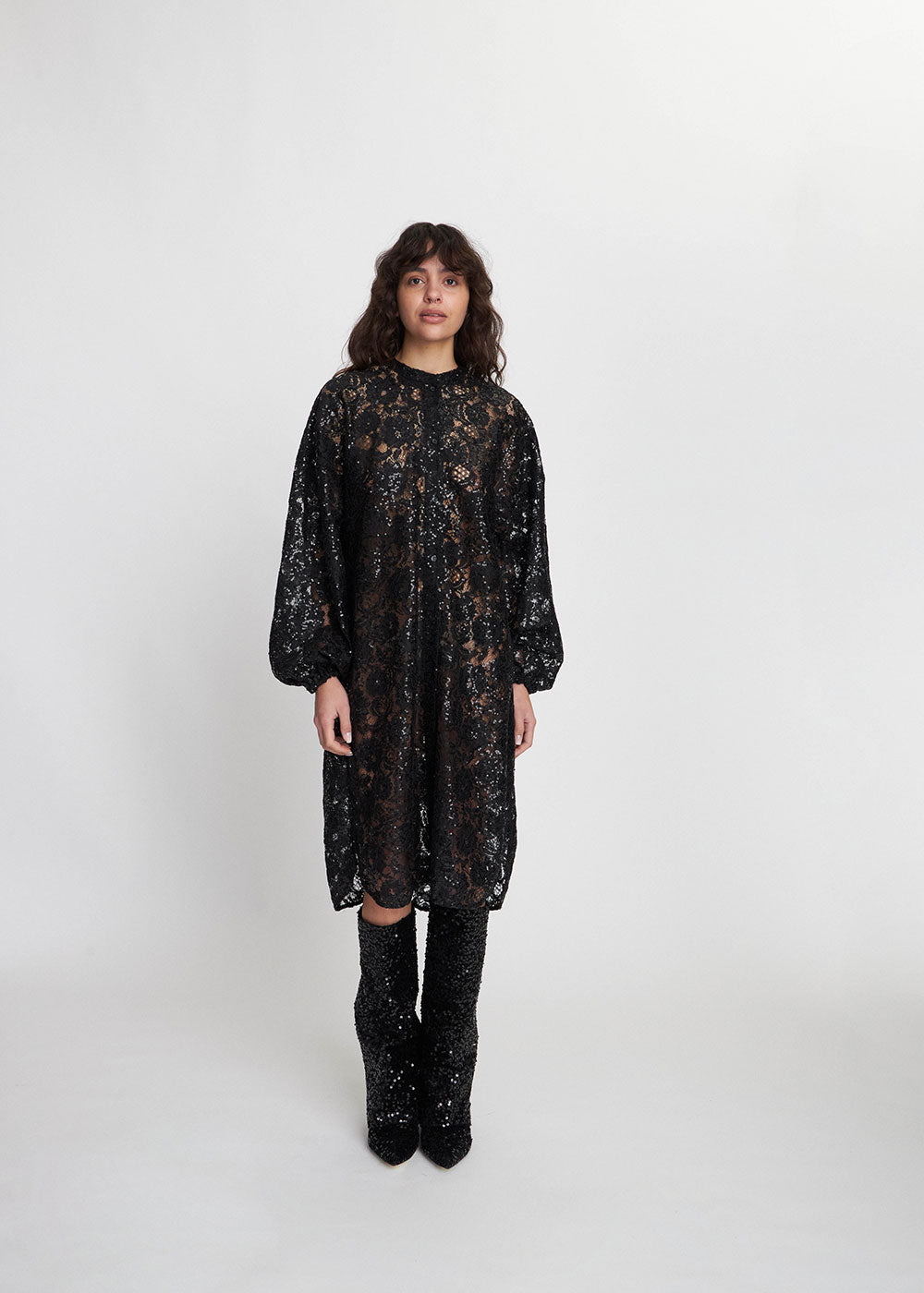 Lace Sequins Shirt Dress - Domino Style