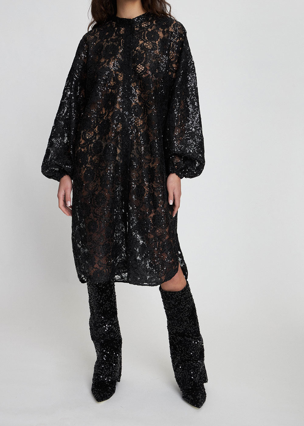 Lace Sequins Shirt Dress - Domino Style