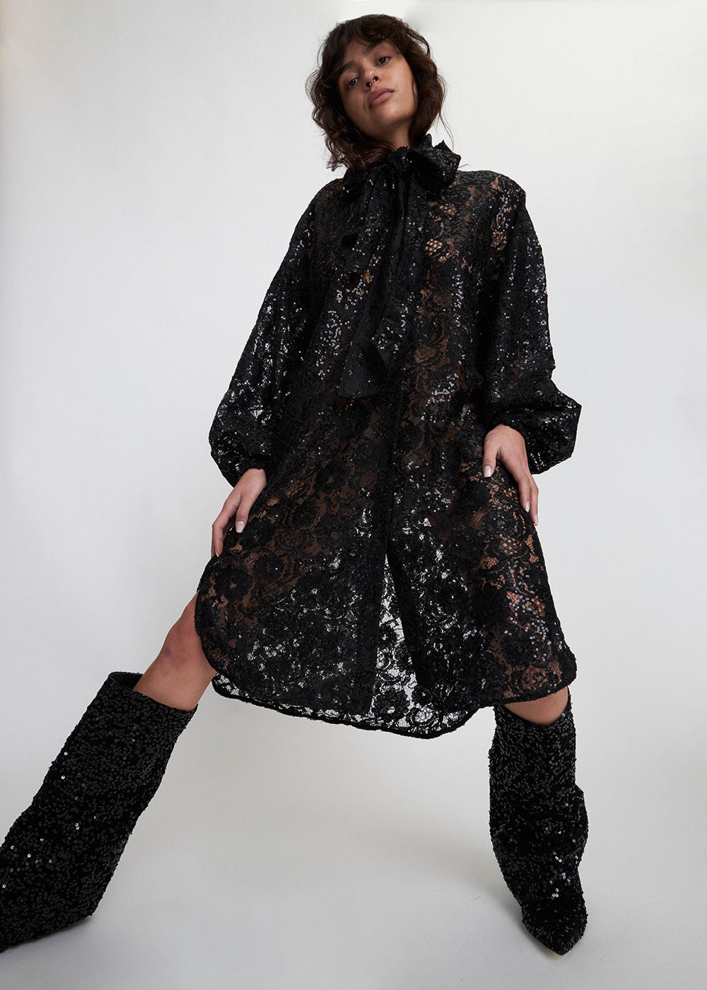 Lace Sequins Shirt Dress - Domino Style