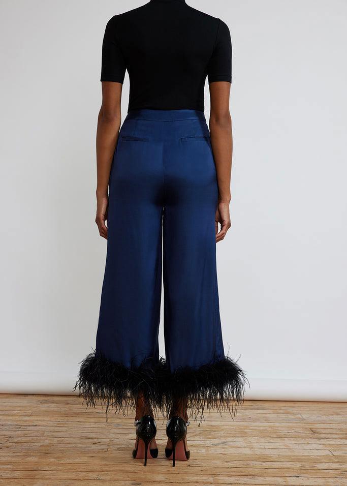 Apollo Navy Feather Satin Trousers - Domino Style