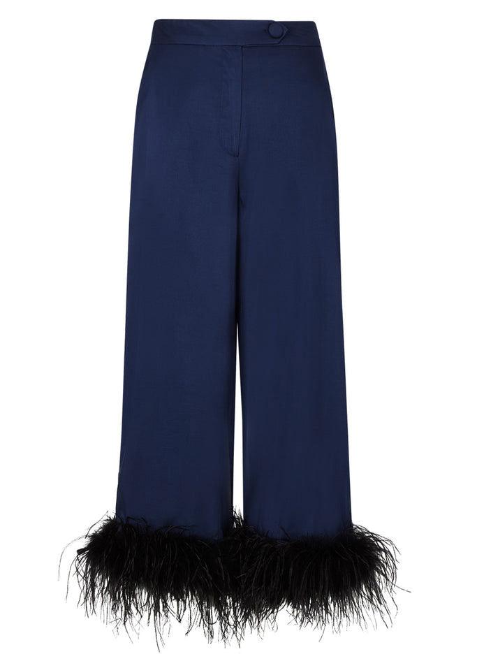 Apollo Navy Feather Satin Trousers - Domino Style