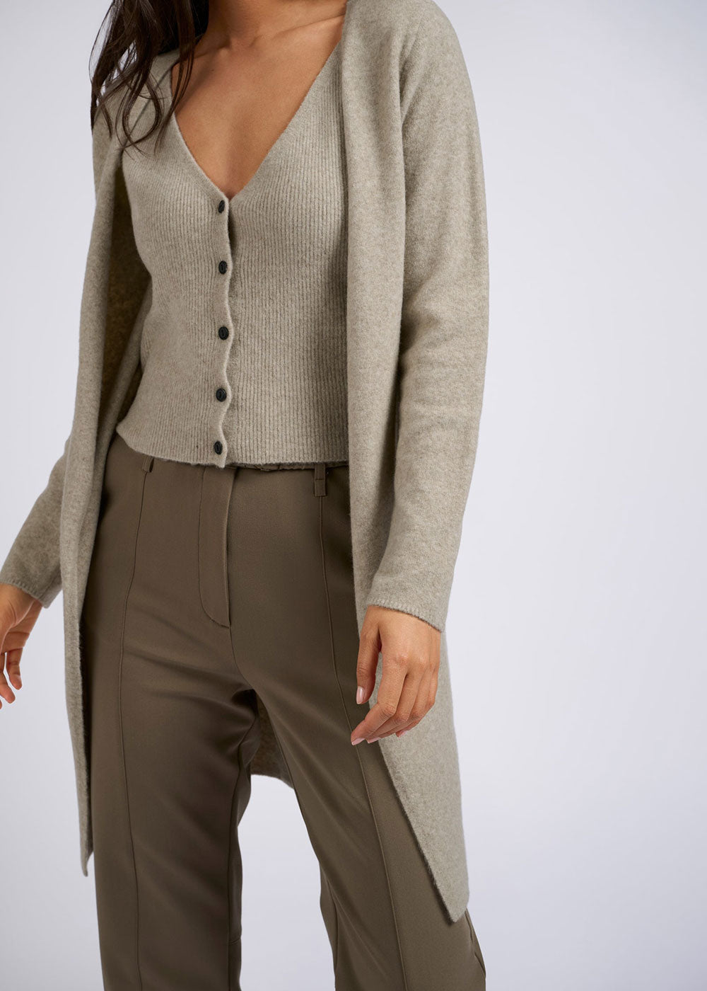 Long Cardigan with Attached Vest - Dove Grey - Domino Style